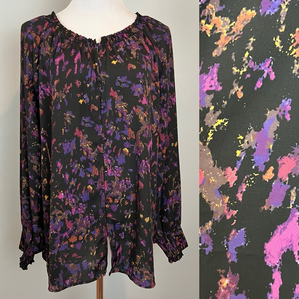 Joan Vass Button Up Blouse Size 2X Black Splatter Print Shirred Neckline